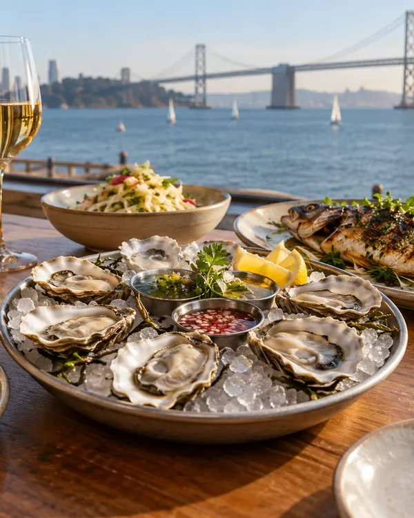 Fresh oysters and grilled fish by a window over San Francisco Bay