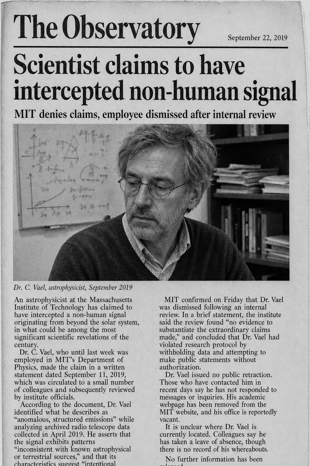 Newspaper clipping, September 2019: Scientist claims to have intercepted non-human signal. MIT denies claims, employee dismissed after internal review. Photograph of Dr. C. Vael, looking away from the camera.