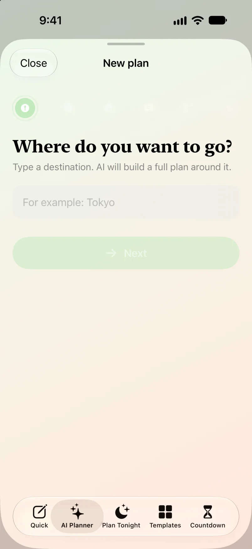 Maveon AI Planner: type a destination and AI builds the plan
