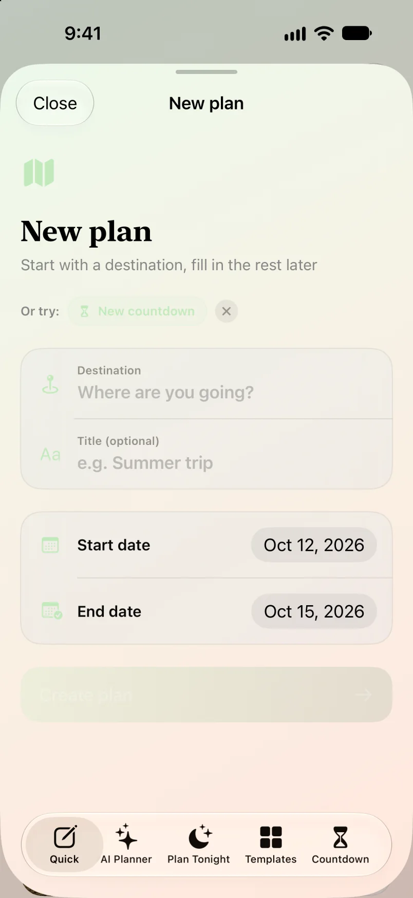 Maveon Quick create: destination, optional title and start date
