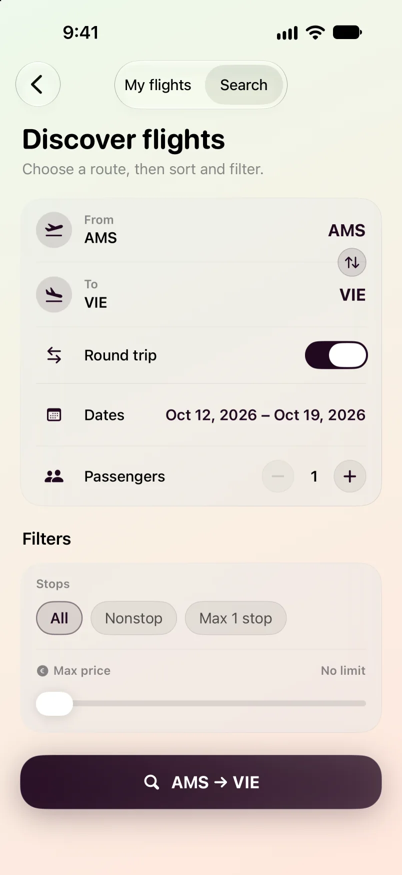 Flight search filters in Maveon