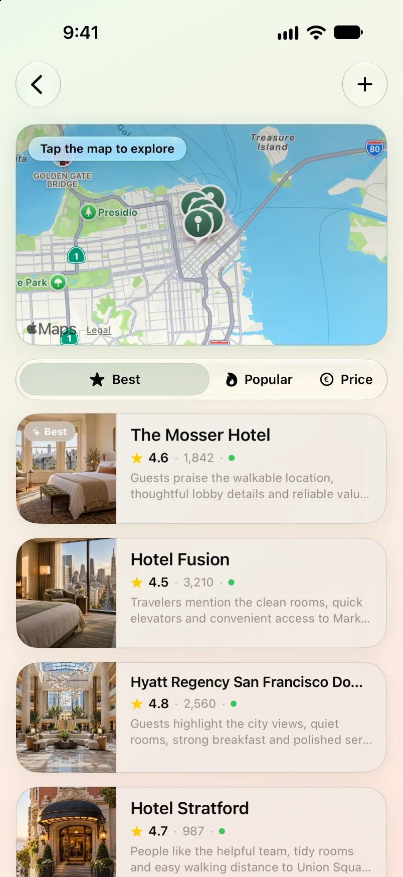 Hotel results on a map in Maveon