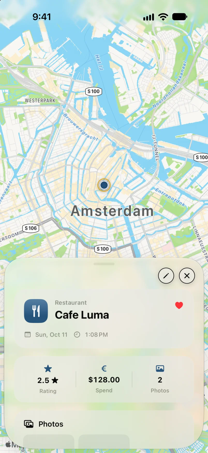 Memory detail sheet for a restaurant visit in Amsterdam, open over the map
