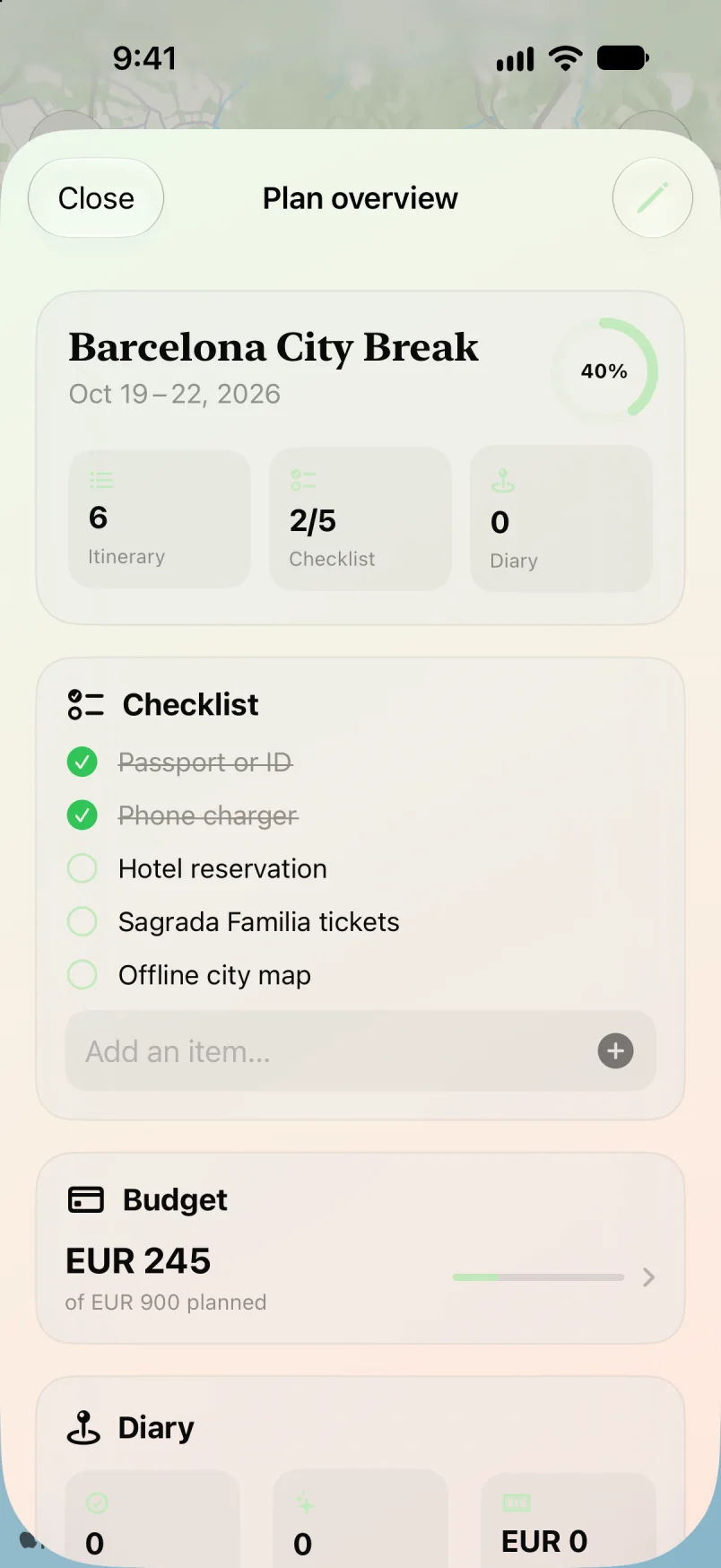 Maveon plan overview with progress, checklist and budget