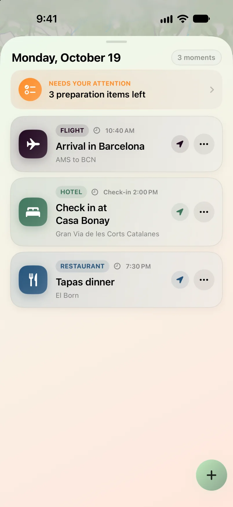 Maveon plan timeline for a Barcelona day with a flight, a hotel check-in and dinner
