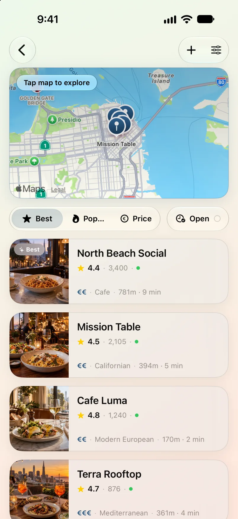 Restaurant results on a map in Maveon