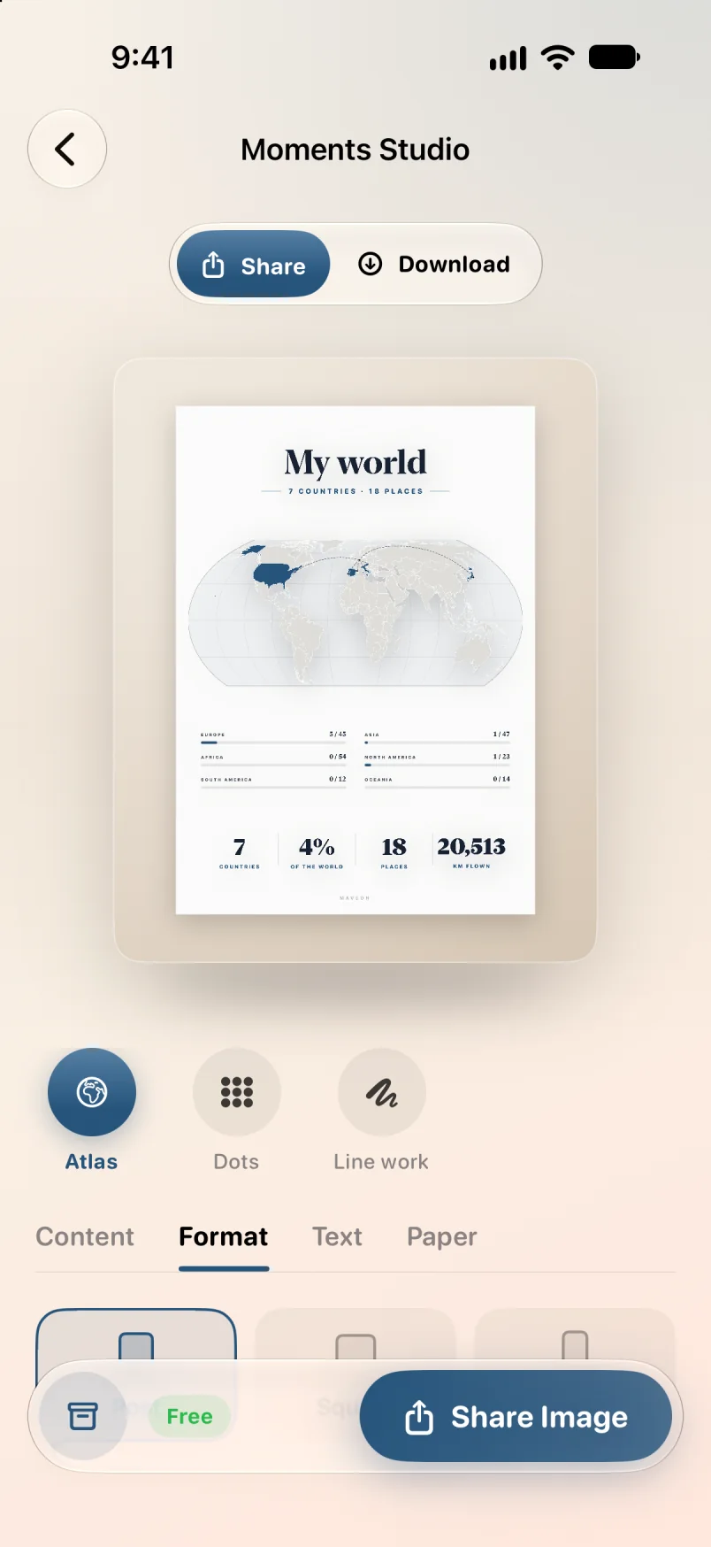 The My world design open in the Studio editor, with the Atlas, Dots and Line work styles to choose from