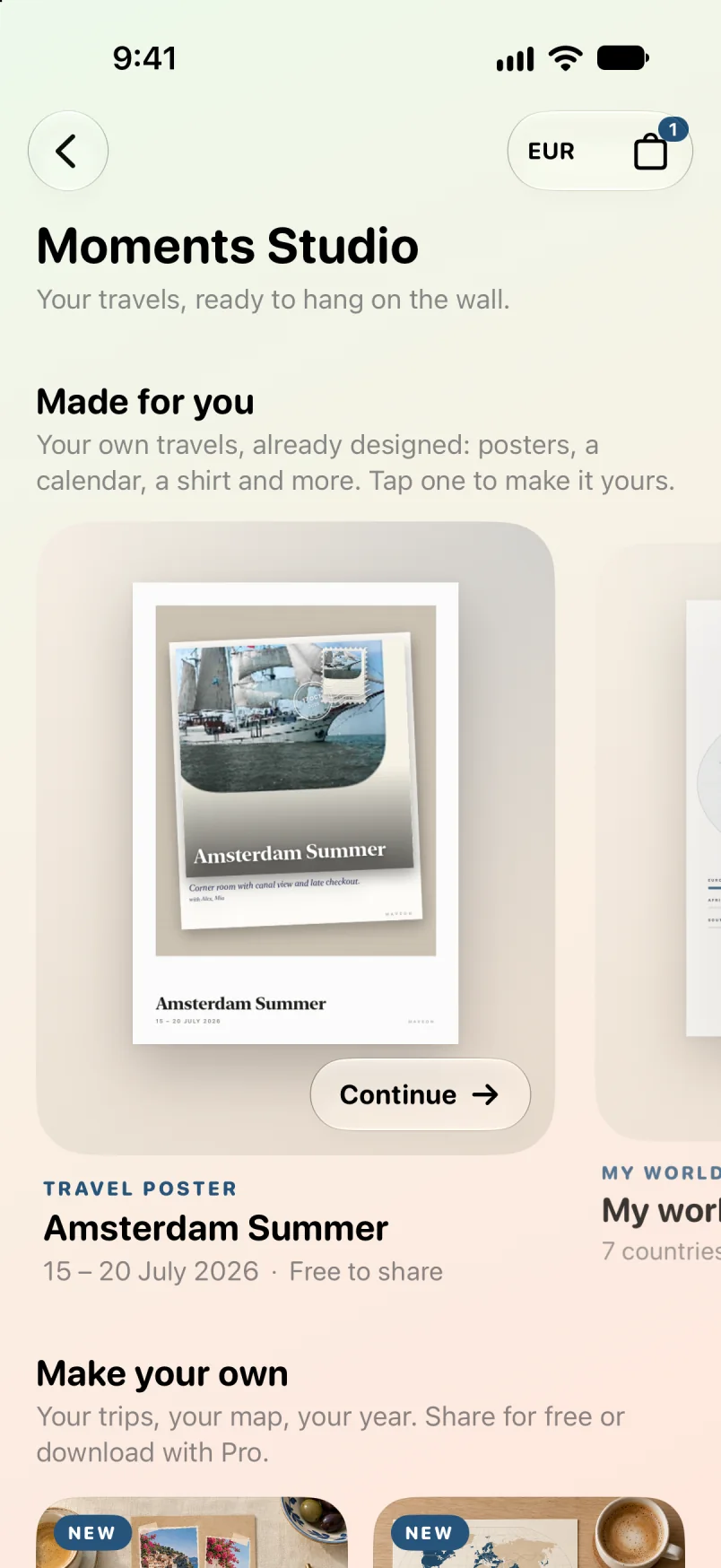 Moments Studio in the Maveon app, with a travel poster of Amsterdam Summer made for you