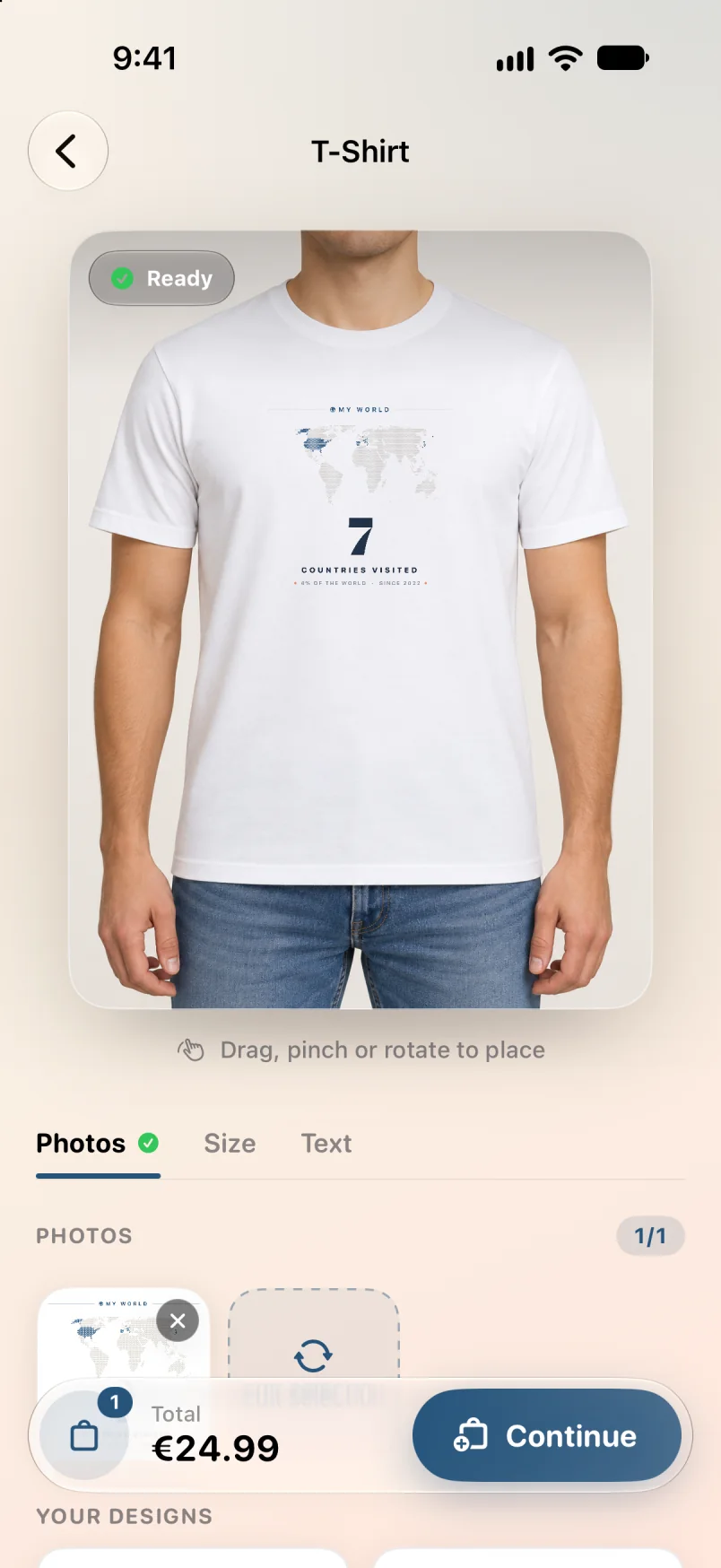 The T-shirt in the app with a world map of seven visited countries printed on it, ready to place