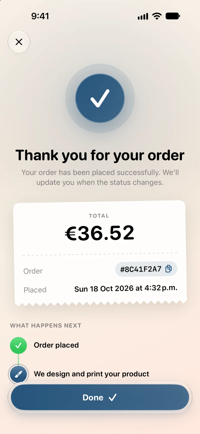 Order confirmation in the app: a receipt with the total, the order number and what happens next