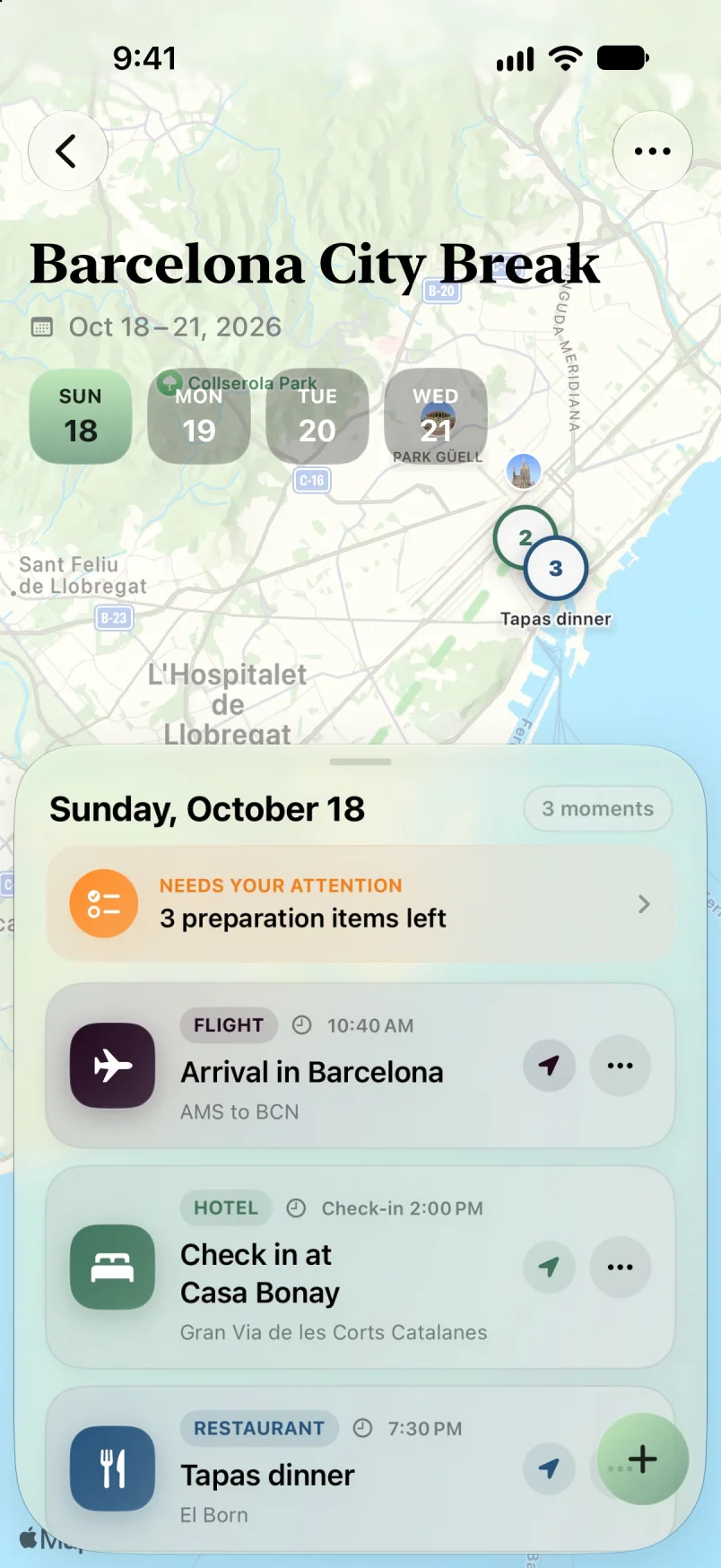 Maveon Plan Canvas for a Barcelona city break, with map and timeline