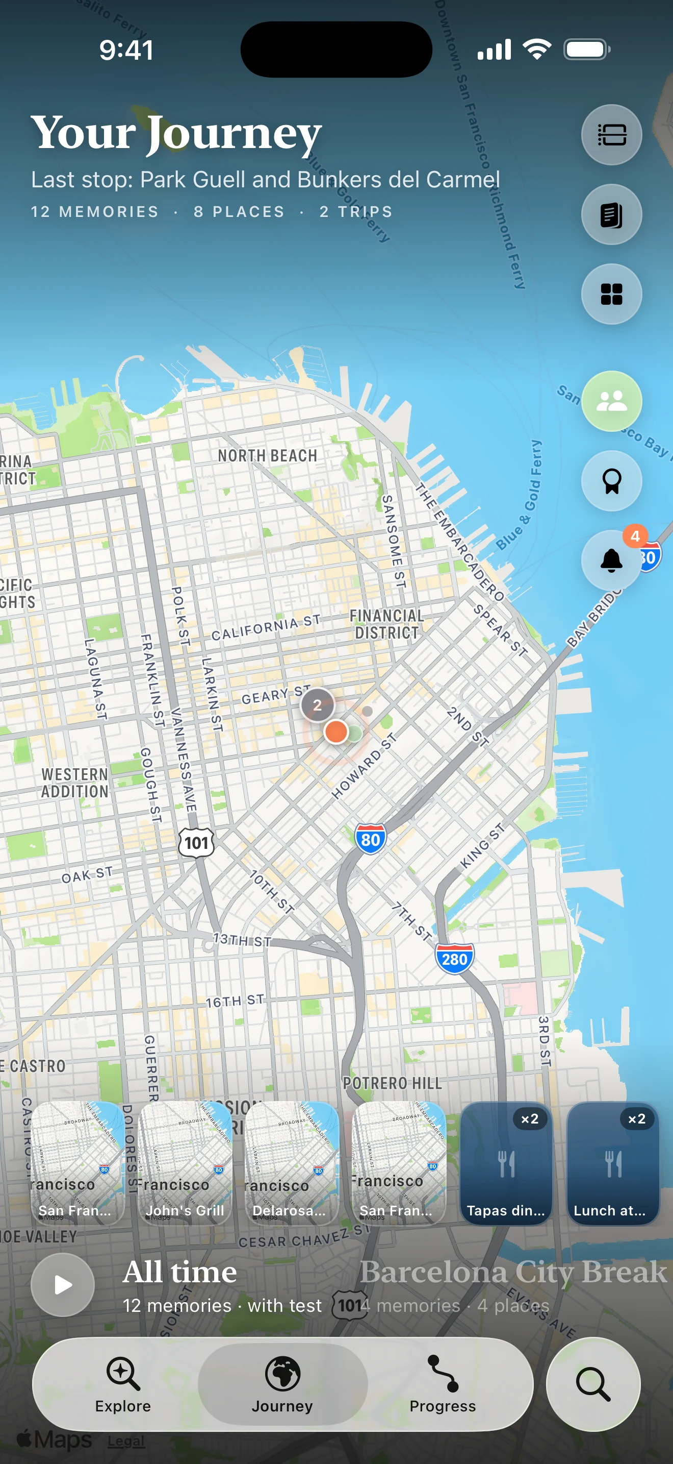 Journey map showing photo clusters, routes, and context around a place