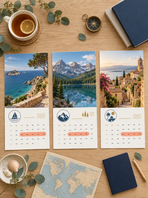 Calendar pages with travel photos above the month grid