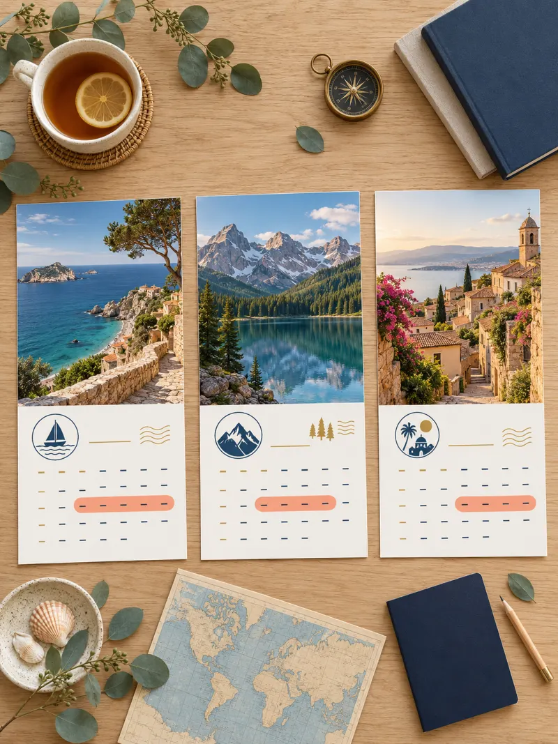 Three calendar pages with coastal, lake and village photos above month grids