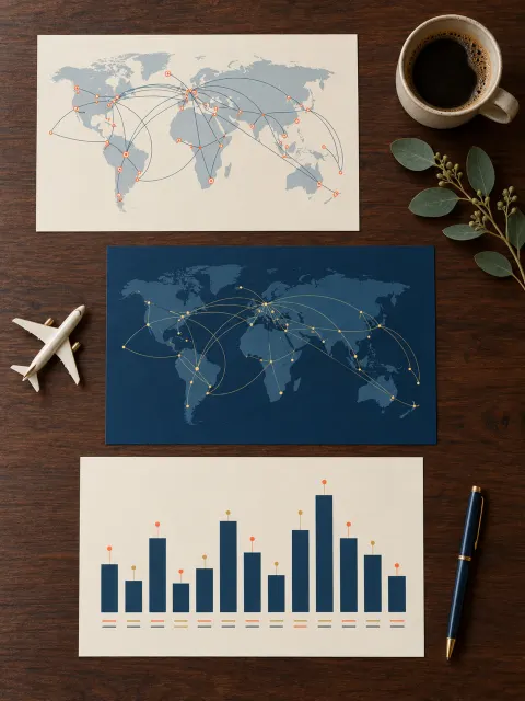 Flight route maps and a chart of flights per month