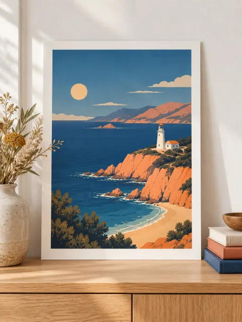 Framed illustration of a lighthouse on a rocky coast, on a sideboard