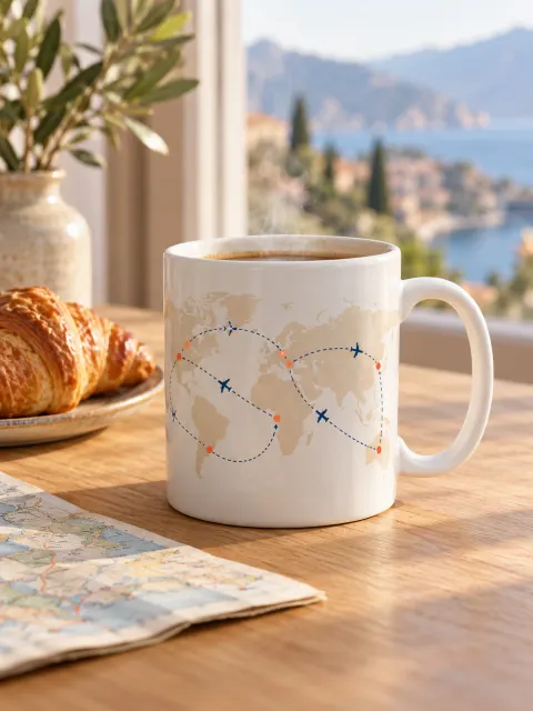 White mug printed with a world map and dotted flight routes, next to a croissant