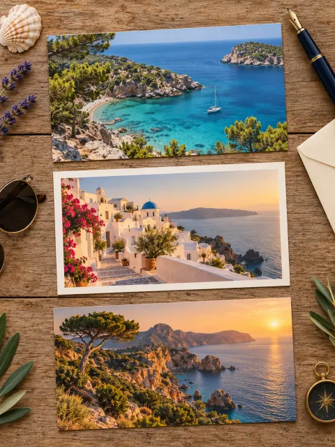 Three postcards of a Mediterranean coastline