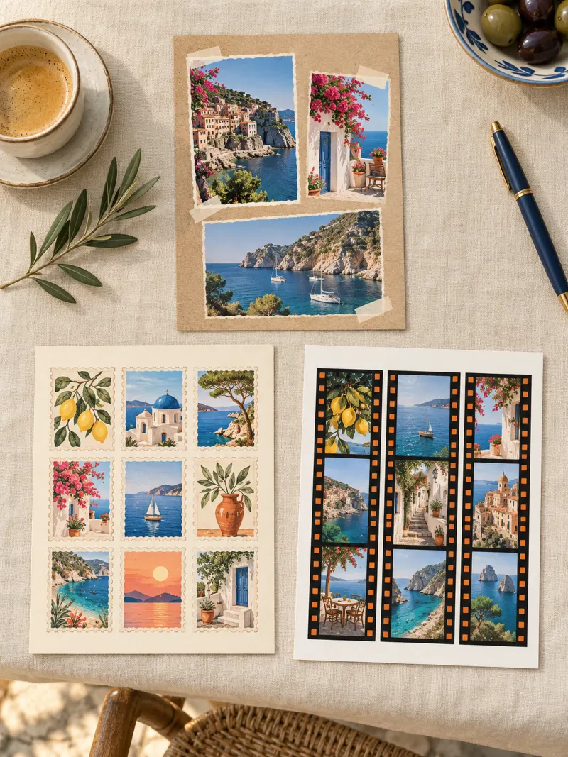 Travel posters of a Mediterranean trip with a map, photos, a film strip and a grid of stamps