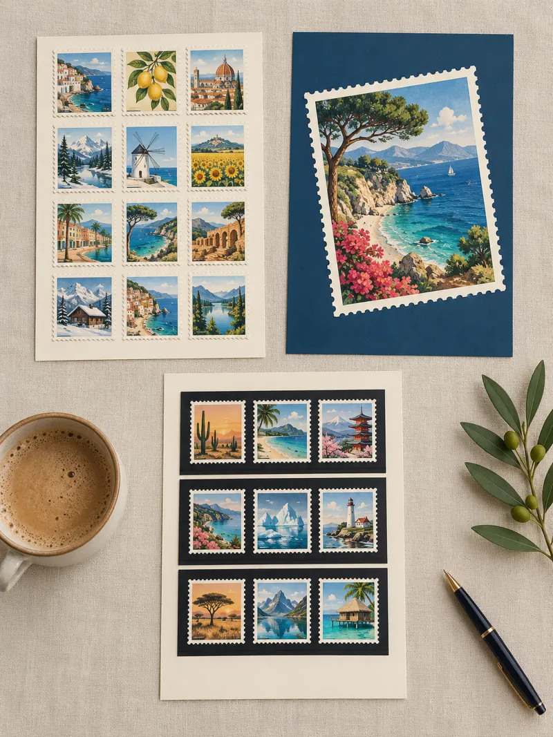 Sheets of perforated stamps showing coasts, mountains and cities, and one large featured stamp