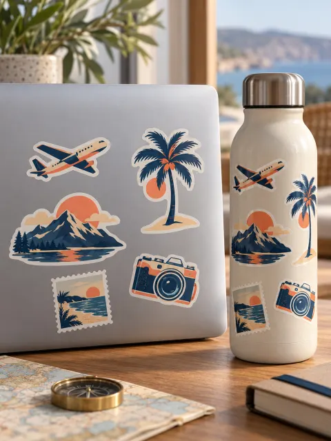 Travel stickers of a plane, a palm tree and a camera on a laptop and a water bottle