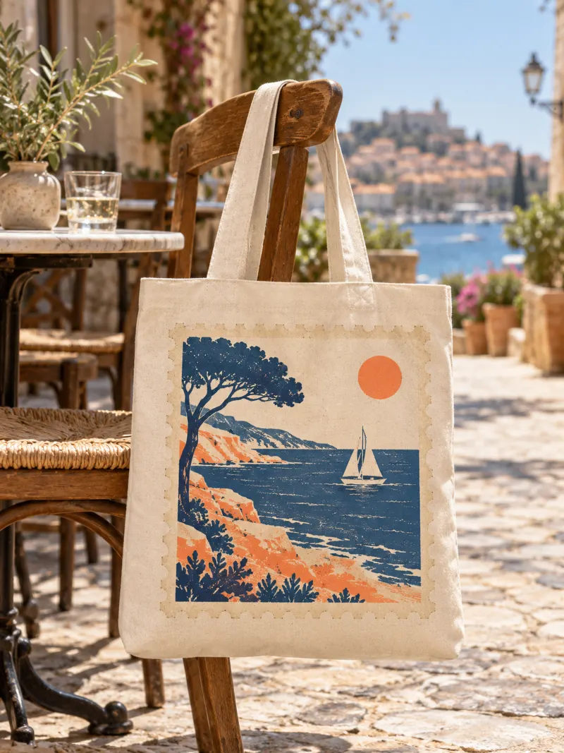 Canvas tote bag printed with a stamp of a coastline and a sailing boat, hanging on a café chair