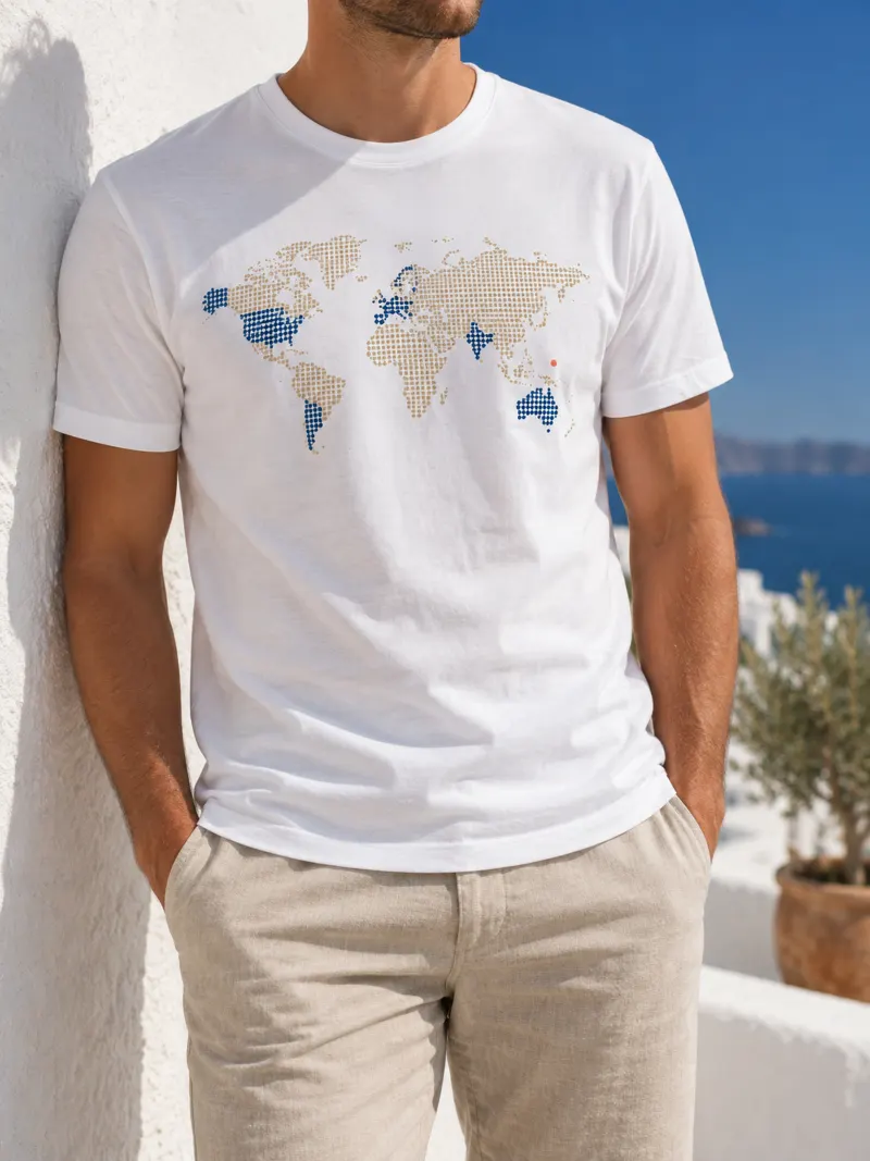White T-shirt printed with a dotted world map, worn on a sunny terrace