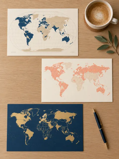 World map prints in three styles