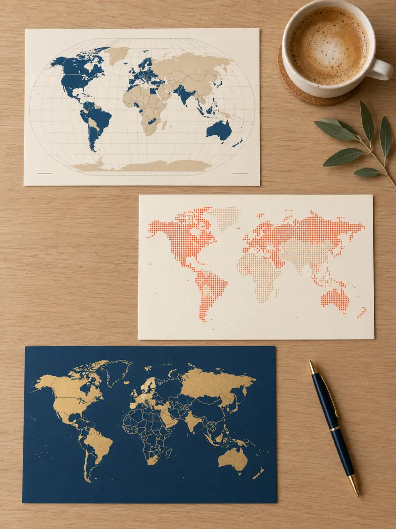 Three world map prints: countries filled in on cream paper, coral dots, and gold outlines on navy