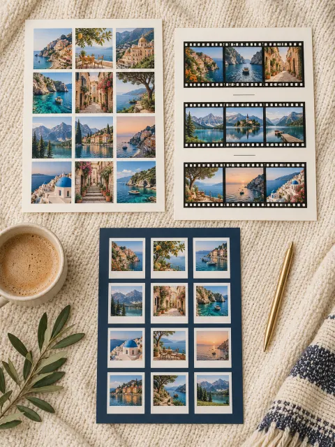 Year in travel layouts as a magazine, a film strip and polaroids