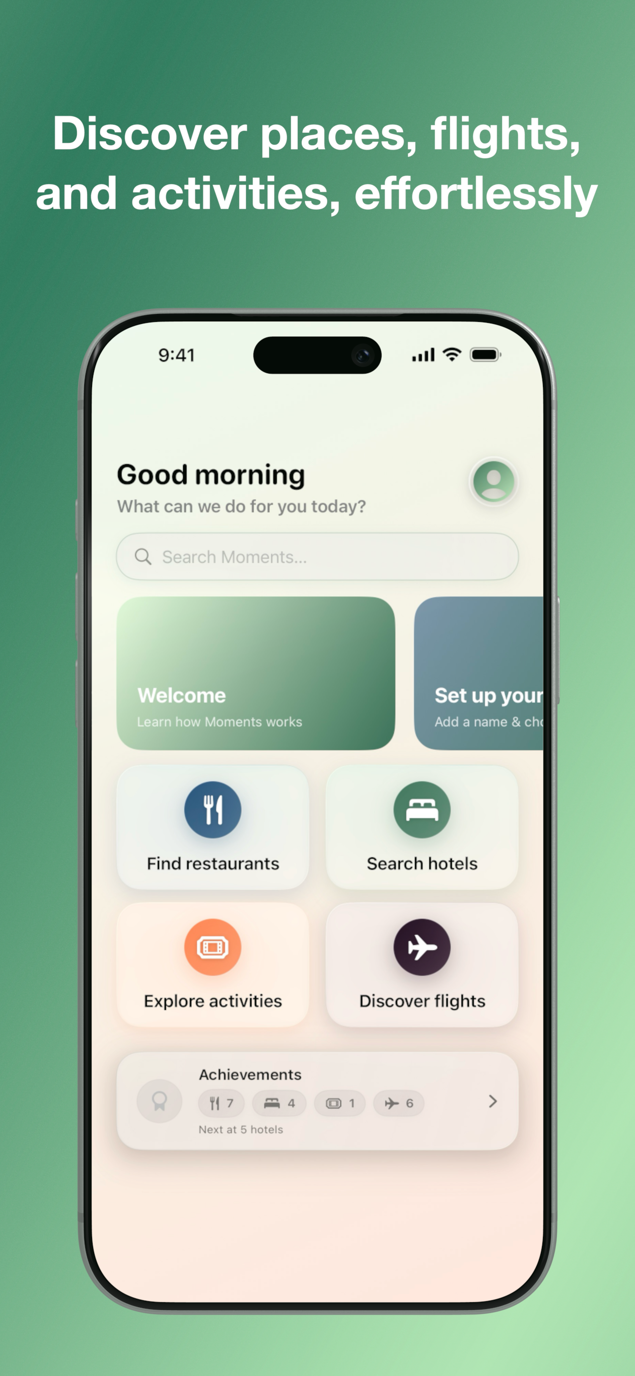 Home screen with quick actions for restaurants, hotels, activities and flights