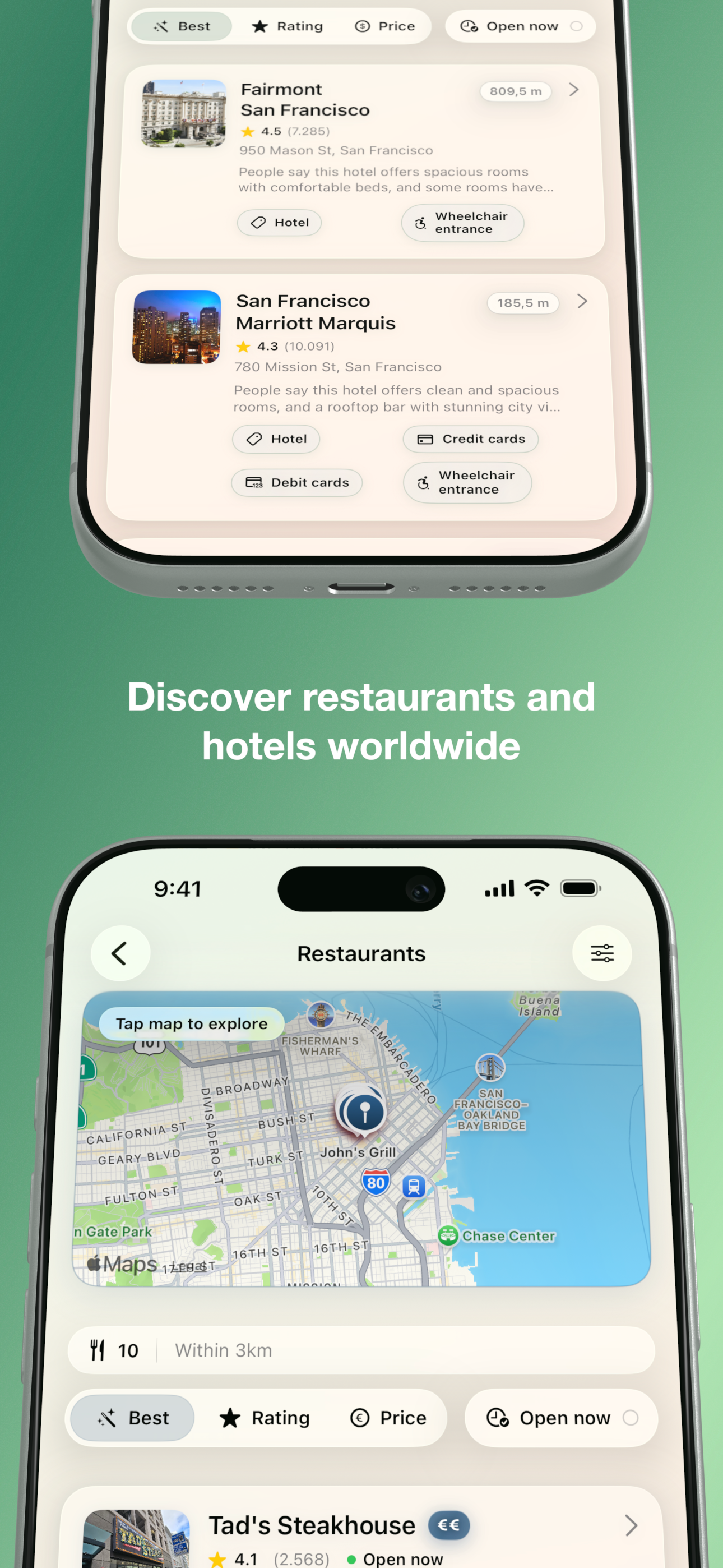 Restaurants map and results list with filters