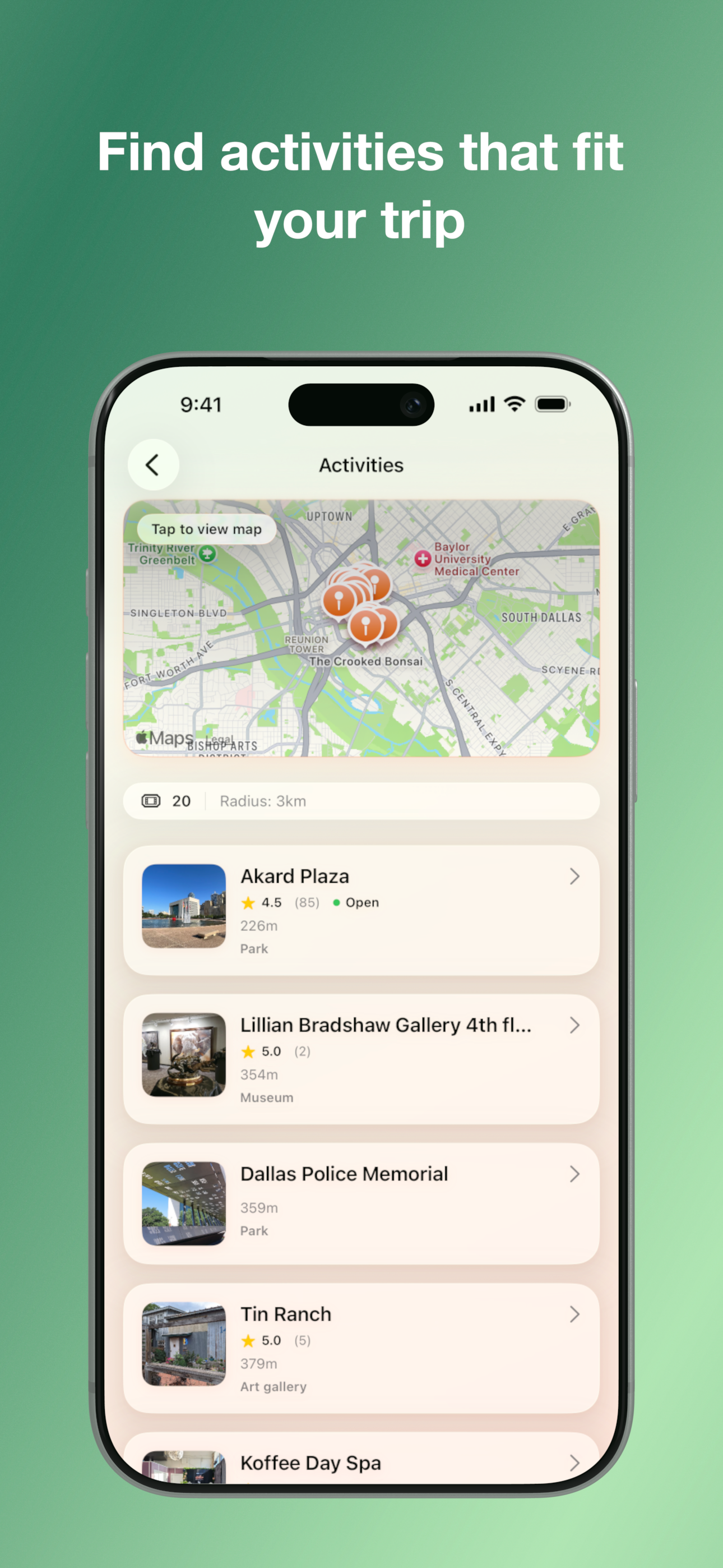 Activities list with map preview and nearby results