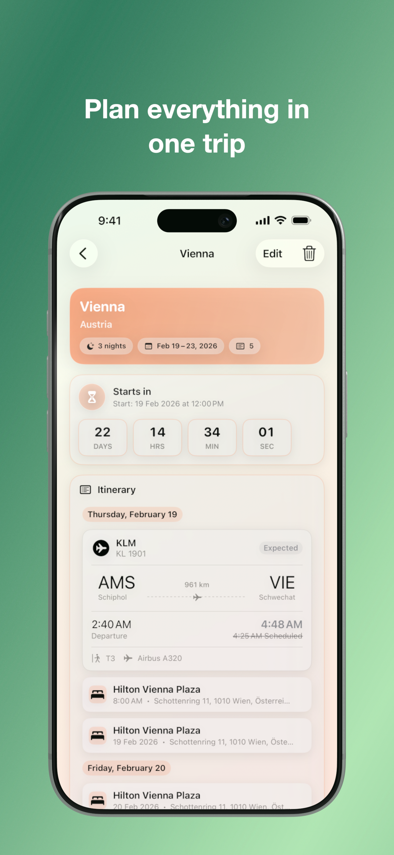 Trip planning screen with timeline and flight card inside a trip