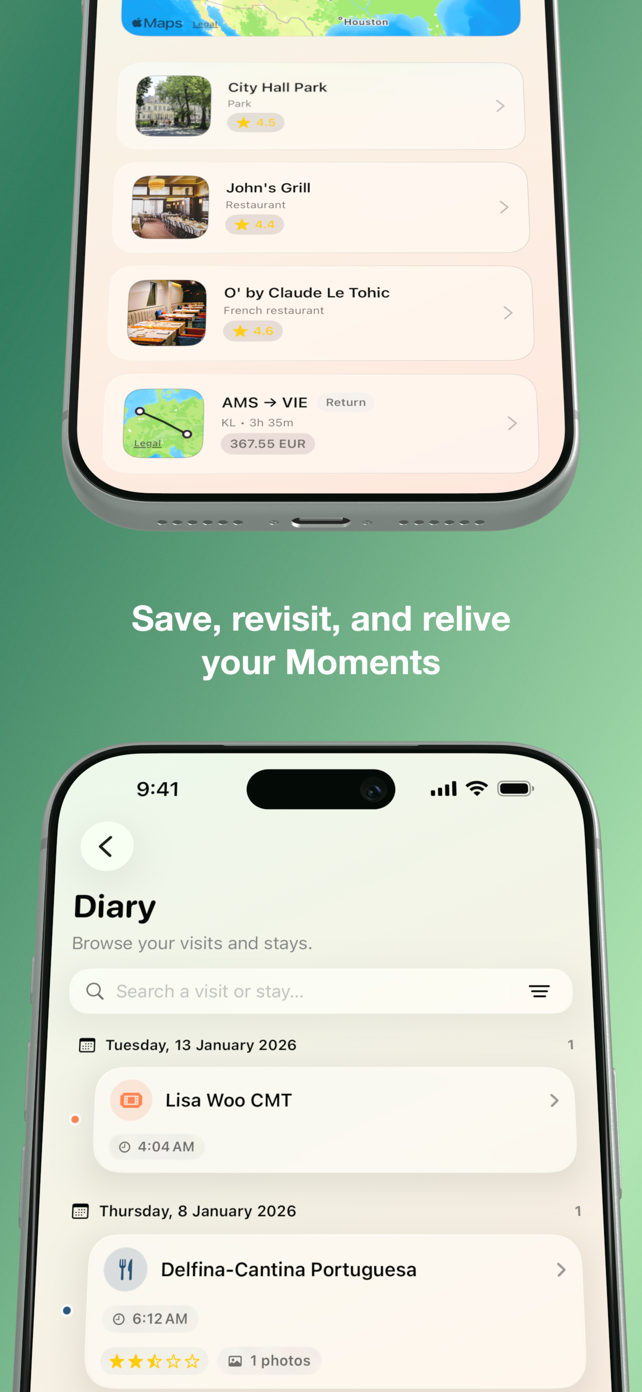 Diary timeline with visits and stays grouped by date